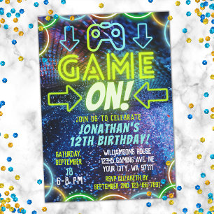 Game On Neon Glow Video Game Gaming Birthday Party Kaart