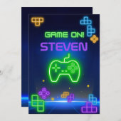 Game on neon groen, blauw, geel gamer uitnodiging (Voorkant / Achterkant)