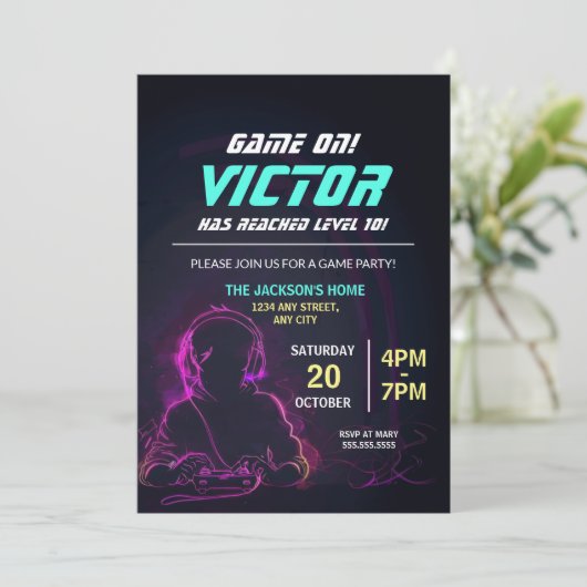 Game On Neon Video Game Boy Verjaardagsfeestje Kaart (Staand voorkant)