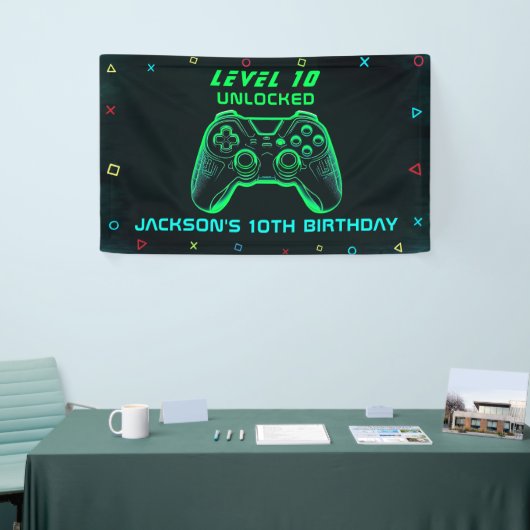 Game On Neon Video Game Party Verjaardagsgame Game Spandoek (Beurs)
