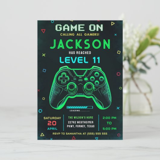 Game On Neon Video Game Uitnodiging voor verjaarda (Staand voorkant)