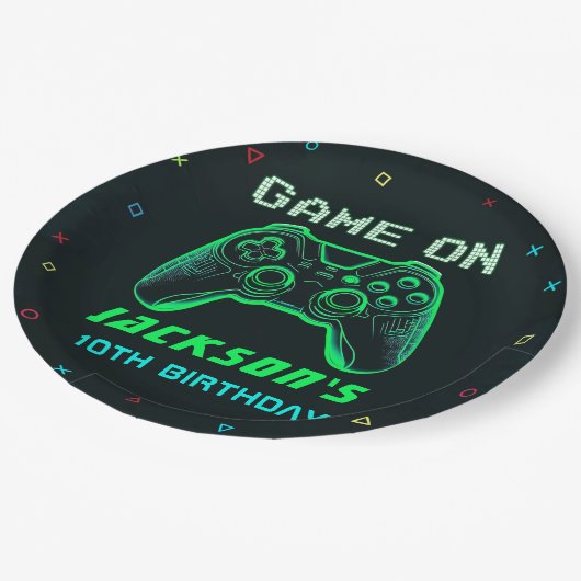 Game On Neon Video Game Verjaardagsfeest Papieren Bordje (Gekanteld)