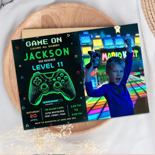 Game On Neon Video Game Verjaardagsfeestfoto Kaart