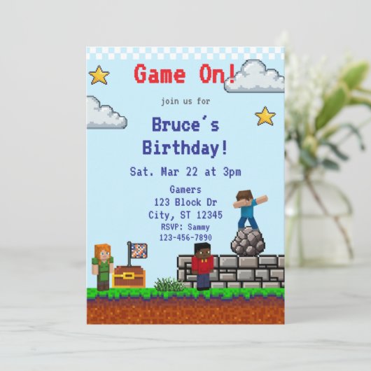 Game On! Pixel Block Game Birthday Kaart (Staand voorkant)