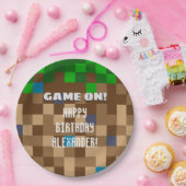 Game On Pixelated Grass Block Gaming Birthday Papieren Bordje (Feest)