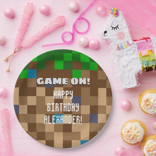 Game On Pixelated Grass Block Gaming Birthday Papieren Bordje (Feest)
