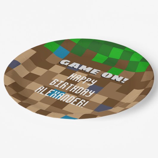 Game On Pixelated Grass Block Gaming Birthday Papieren Bordje (Gekanteld)