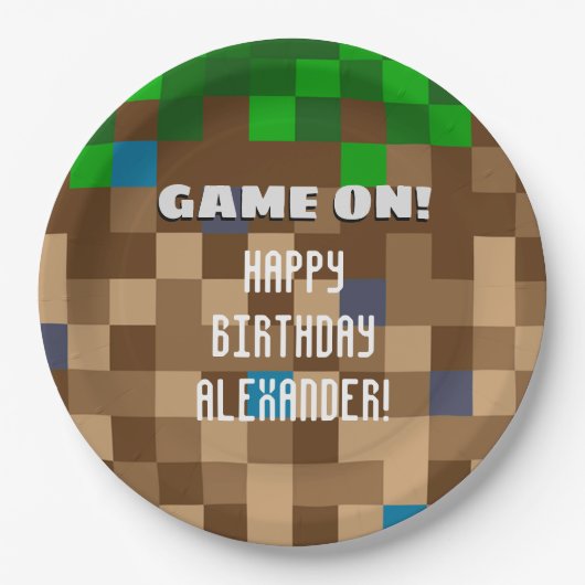 Game On Pixelated Grass Block Gaming Birthday Papieren Bordje (Voorkant)