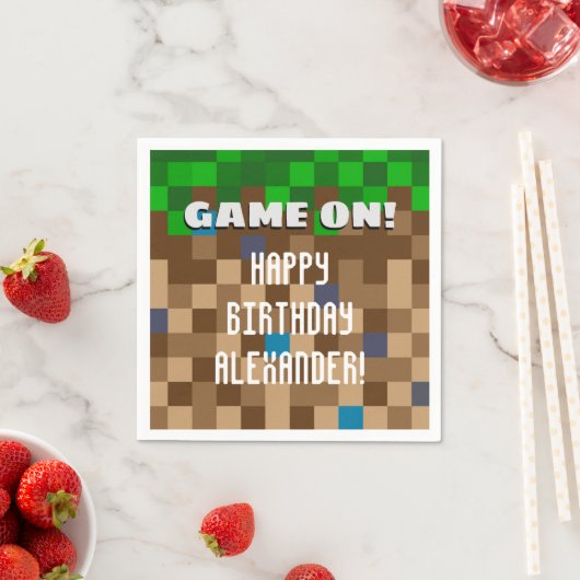 Game On Pixelated Grass Block Gaming Birthday Servet (Insitu)
