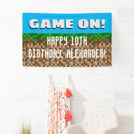 Game On Pixelated Grass Block Gaming Birthday Spandoek (Insitu)
