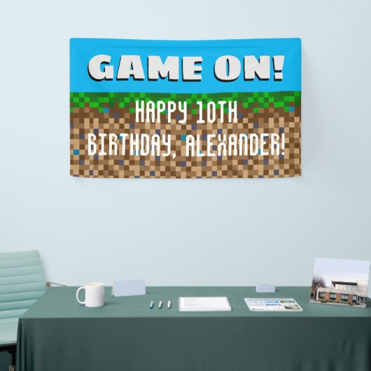 Game On Pixelated Grass Block Gaming Birthday Spandoek (Beurs)