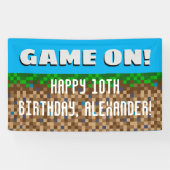 Game On Pixelated Grass Block Gaming Birthday Spandoek (Horizontaal)