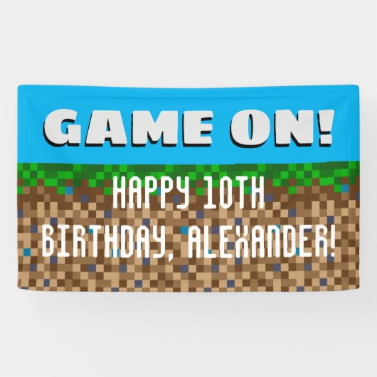 Game On Pixelated Grass Block Gaming Birthday Spandoek (Horizontaal)