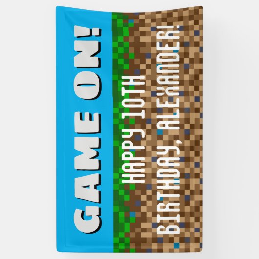 Game On Pixelated Grass Block Gaming Birthday Spandoek (Verticaal)