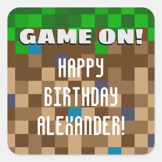 Game On Pixelated Grass Block Gaming Birthday Vierkante Sticker (Voorkant)