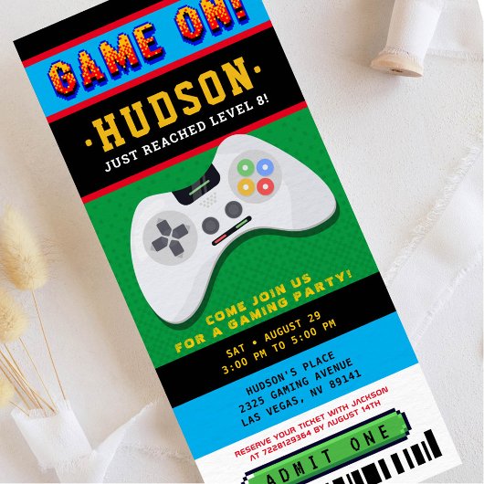 Game on Ticket Birthday Party Kaart