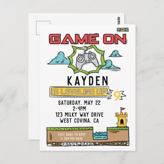 Game On Video Game Birthday Briefkaart Uitnodiging (Voorkant / Achterkant)