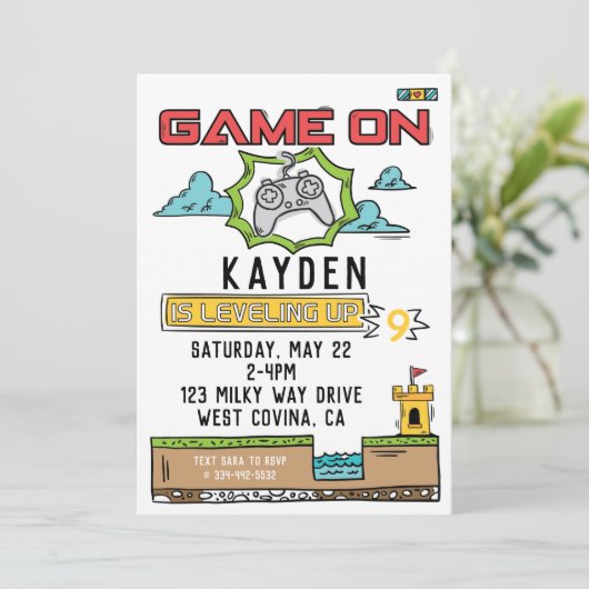 Game On Video Game Birthday Uitnodiging (Staand voorkant)