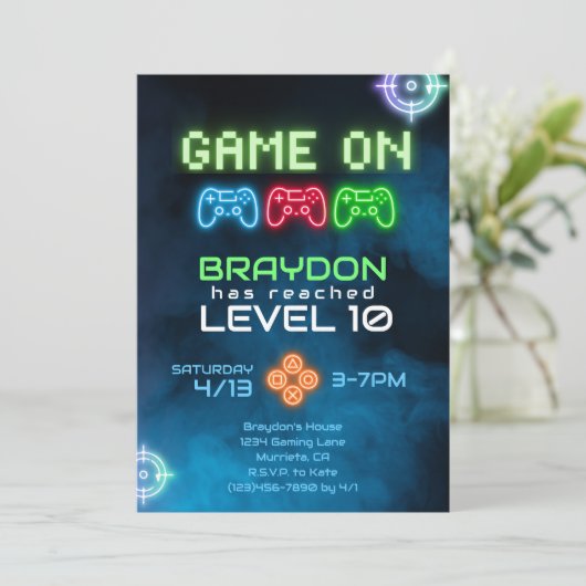 Game On Video Game Uitnodiging (Staand voorkant)