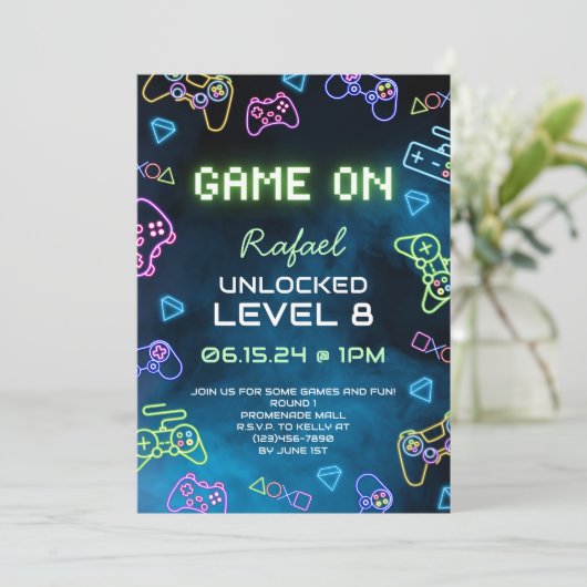 Game On Video Game Uitnodiging (Staand voorkant)