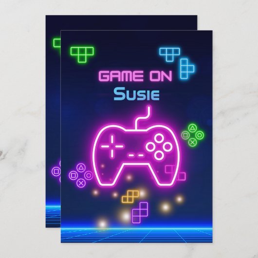 Game on video neon gamer groen, roze, blauw kaart (Voorkant / Achterkant)