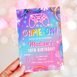 Game On Videogame Arcade VR Neon Meisje Verjaardag Kaart