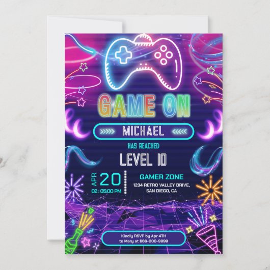 Game On Videogame Neon Verjaardagsfeest Kaart (Voorkant)