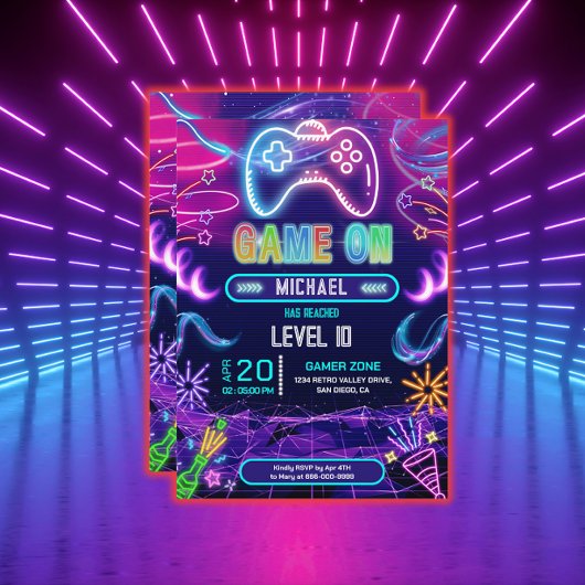 Game On Videogame Neon Verjaardagsfeest Kaart