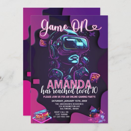 Game op Neon Glow Level Up Video Game Verjaardag Kaart (Voorkant / Achterkant)