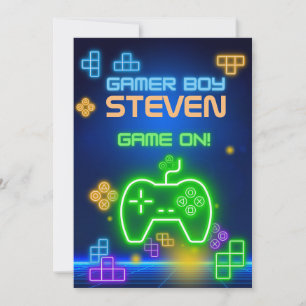 Game op neon groen, blauw, geel gamer uitnodiging
