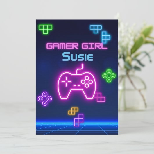 Game op neon roze, blauwe, gele gamer uitnodiging (Staand voorkant)