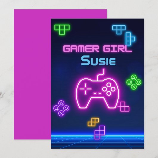 Game op neon roze, blauwe, gele gamer uitnodiging (Voorkant / Achterkant)