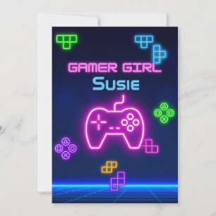 Game op neon roze, blauwe, gele gamer uitnodiging