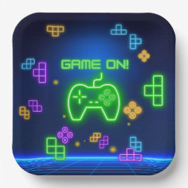 Game op neongroen, blauw gamer papieren bordje