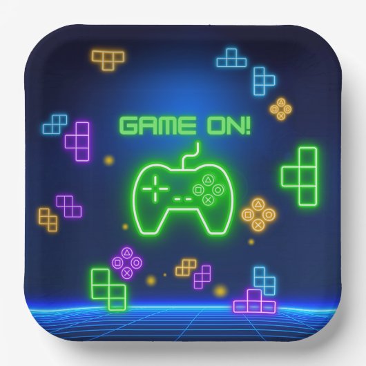 Game op neongroen, blauw gamer papieren bordje (Voorkant)