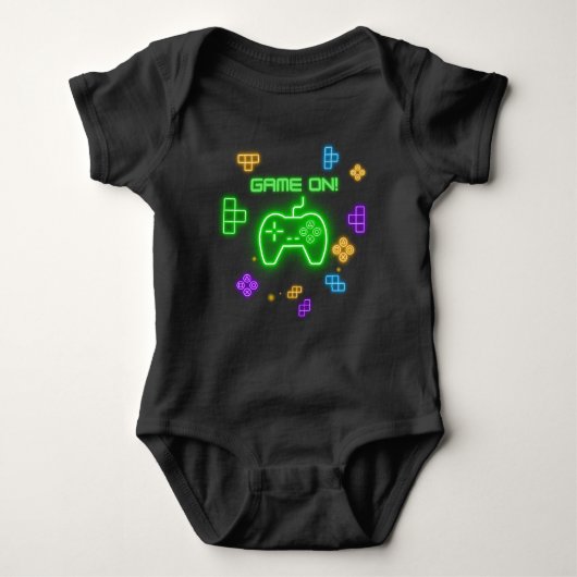 Game op neongroene, blauwe en gele gamer-baby romper (Voorkant)