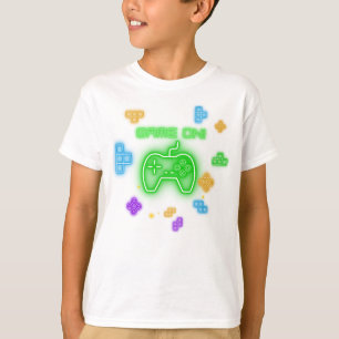 Game op neongroene, blauwe en gele gamer T-Shirt