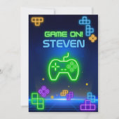 Game op neongroene, blauwe, gele gamer Uitnodiging (Voorkant)