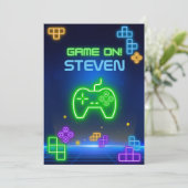 Game op neongroene, blauwe, gele gamer Uitnodiging (Staand voorkant)