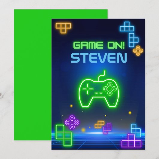 Game op neongroene, blauwe, gele gamer Uitnodiging (Voorkant / Achterkant)