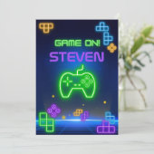 Game op neongroene, blauwe, gele gamer Uitnodiging (Staand voorkant)