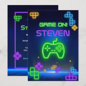Game op neongroene, blauwe, gele gamer Uitnodiging (Voorkant / Achterkant)