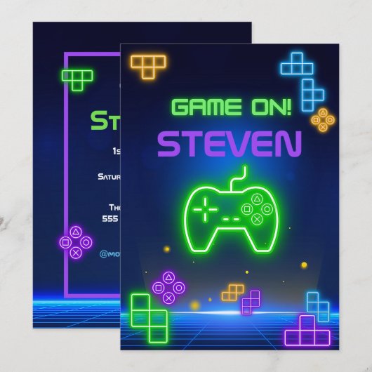 Game op neongroene, blauwe, gele gamer Uitnodiging (Voorkant / Achterkant)