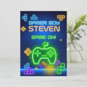 Game op neongroene, blauwe, gele gamer Uitnodiging (Staand voorkant)