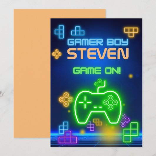 Game op neongroene, blauwe, gele gamer Uitnodiging (Voorkant / Achterkant)