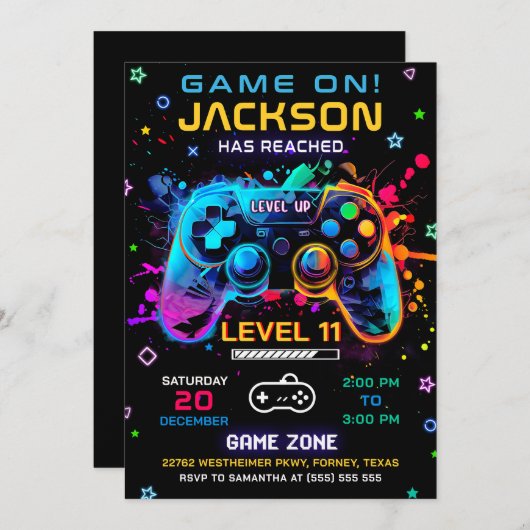 Game Op Niveau Omhoog Videospel Uitnodiging Verjaa (Voorkant / Achterkant)