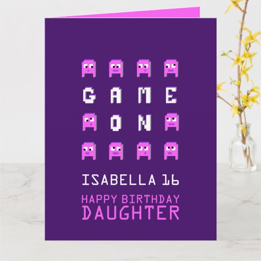 Game op pixel gamer 16e verjaardag dochter kaart (Gele Bloem)