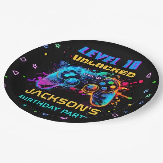 Game op Video Game Niveau Omhoog Verjaardagsfeestj Papieren Bordje (Gekanteld)