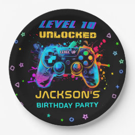 Game op Video Game Niveau Omhoog Verjaardagsfeestj Papieren Bordje