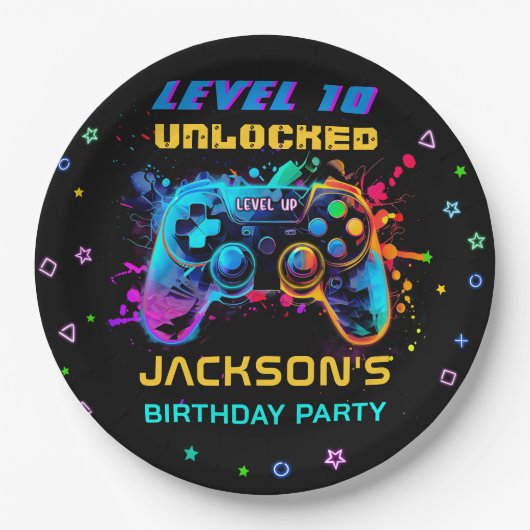 Game op Video Game Niveau Omhoog Verjaardagsfeestj Papieren Bordje (Voorkant)